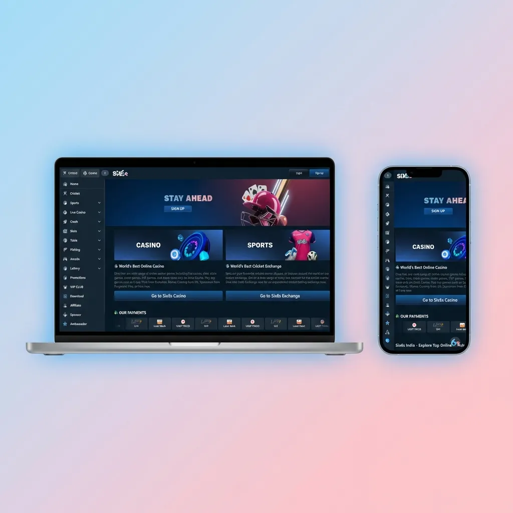 Six6s website interface showing clean navigation bar with quick access to sports betting, live casino, slots, and account