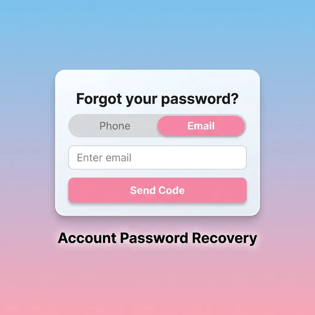 Password recovery screen showing forgot password link and steps to reset account access via email or mobile
