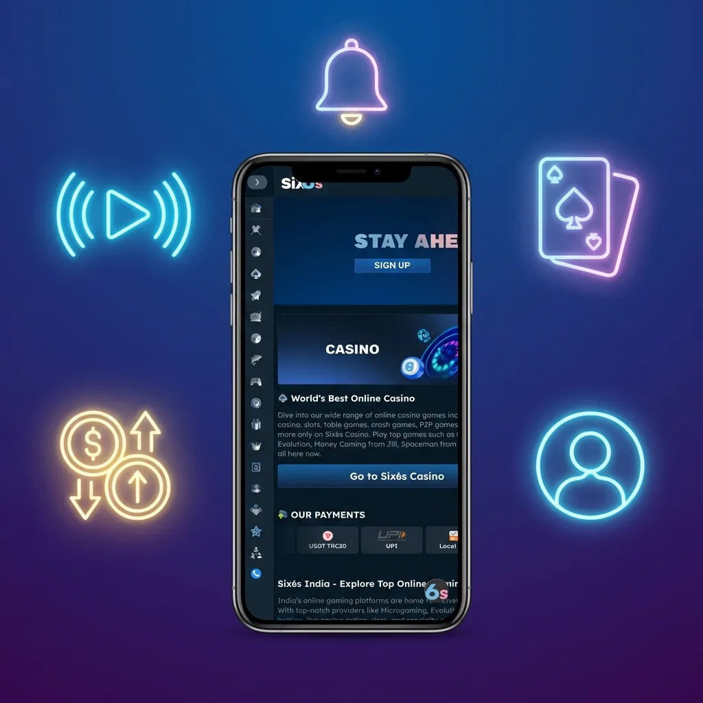 Six6s mobile app interface showing live betting, casino games, deposit and withdrawal features on smartphone screen