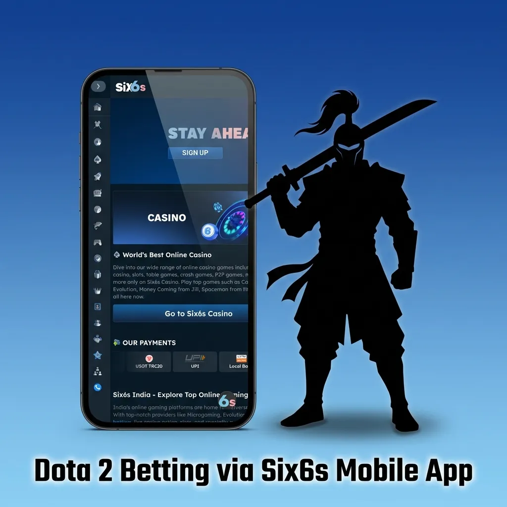 Six6s mobile app interface showing Dota 2 betting options with live match tracking and in-play betting features