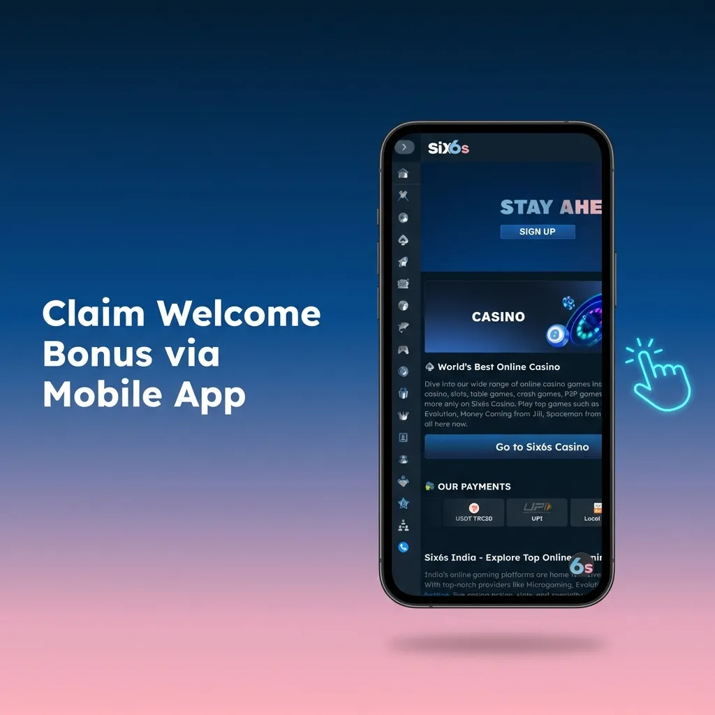 Six6s mobile app interface showing bonus claim process on smartphone screen with deposit and payment options